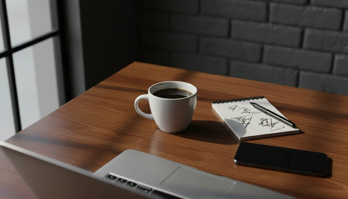 DSLR photograph, high-angle view of a freelancer's workspace on a rich-grained wooden desk. Cinematic contrast lighting from a large side window casts deep shadows. A white ceramic mug filled with black coffee, a small notepad with handwritten abstracted text, a black pen, and a black smartphone are arranged on the desk. A silver laptop is cropped in the foreground. The background is a dark grey textured brick wall. Shallow depth of field with the focus on the coffee mug, creating a moody, productive atmosphere.