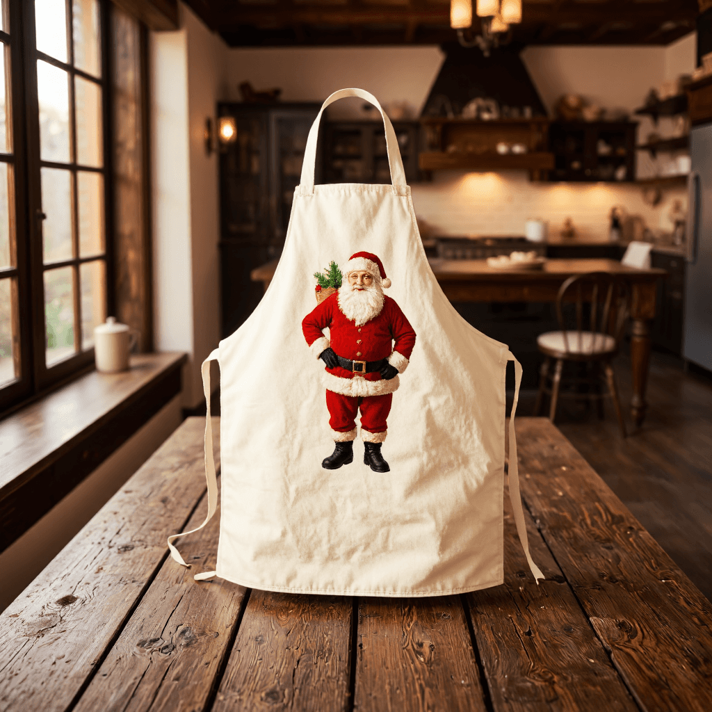product photography of a festive apron with a Santa Claus design, used for cooking or baking
