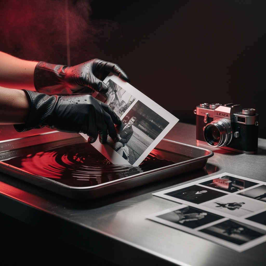 Photographer in black gloves developing a black and white film print in a red-lit darkroom chemical tray, with a vintage Leica camera and contact sheets on the table, analog film photography process.