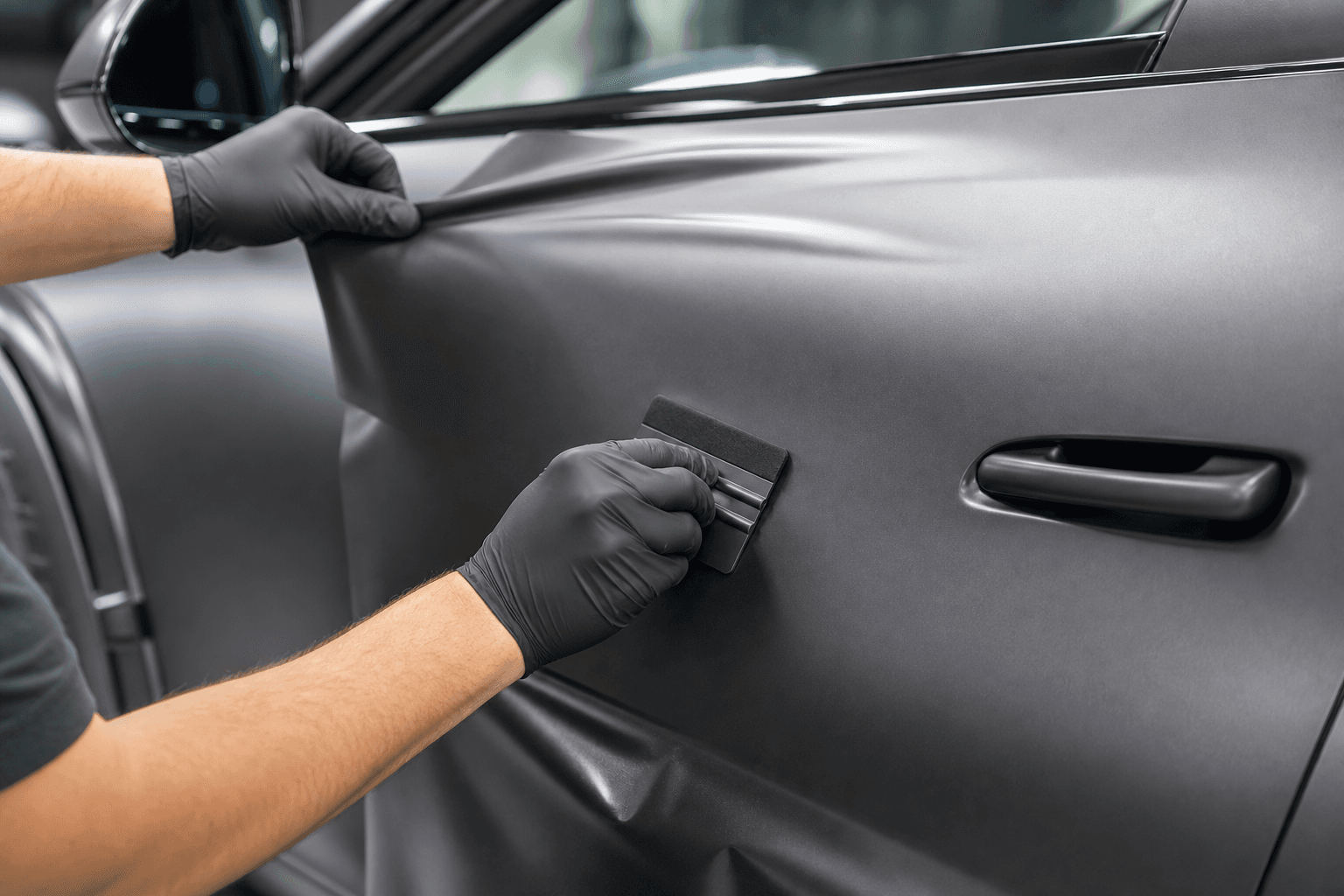 Technician smoothing a matte vinyl wrap onto a car door with a squeegee