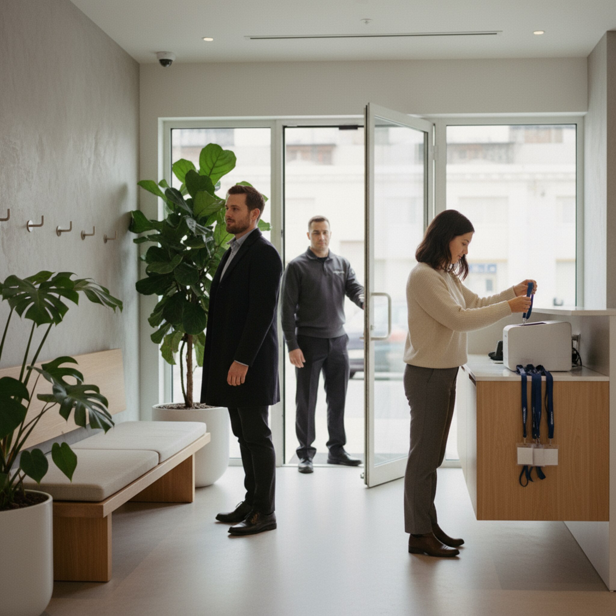 Eine freundliche Empfangslobby mit Sitzbank, Pflanzen und einer dezenten Besuchertheke. Eine Mitarbeiterin befestigt ein gedrucktes Besucherbadge an einer Kordel, während ein Gast seinen Mantel ablegt. Ein Sicherheitsposten öffnet eine Glastür. Die Atmosphäre ist professionell und gelassen.