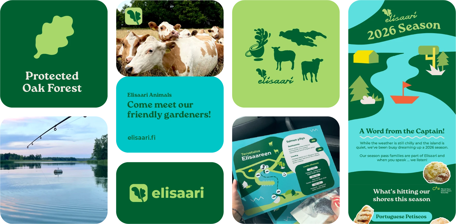 A comprehensive collage of Elisaari branding assets including social media grids, nature trail icons, "Protected Oak Forest" signs, and a seasonal "Word from the Captain" newsletter layout.