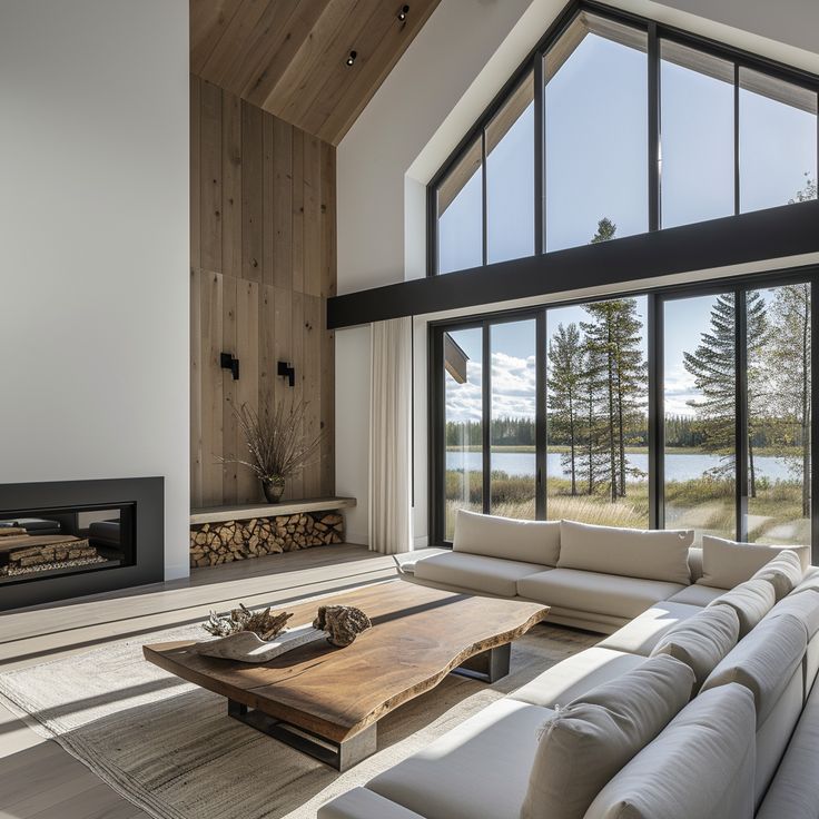 Contemporary living room showcasing expansive windows, elegant wood paneling, and chic decor, enhancing natural light and warmth.