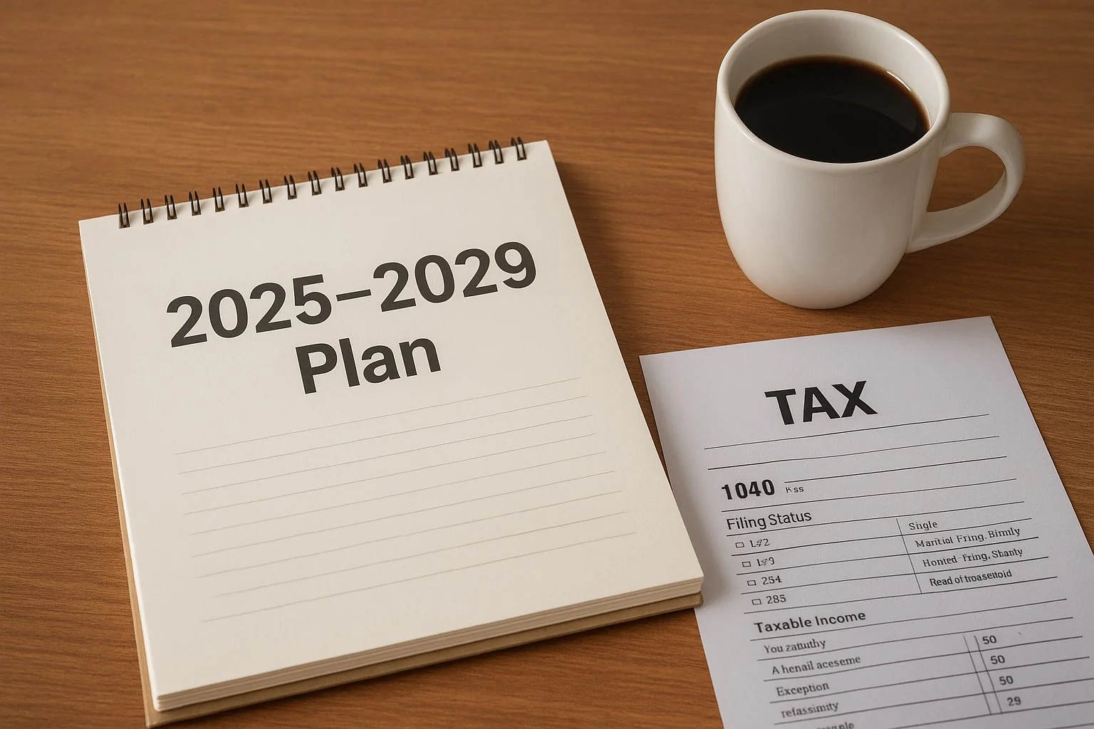 Open notebook labeled “2025–2029 Plan” next to tax papers and a coffee cup, symbolizing careful planning and a sense of relief.