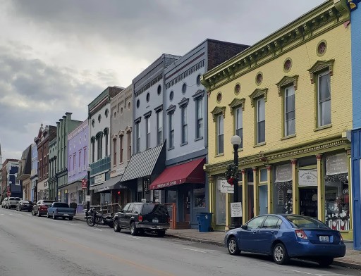 Historic Harrodsburg KY streetscape, served by local roll-off dumpster rental company