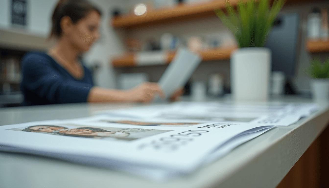 Close-up view of a print shop counter with printed materials ready for pickup