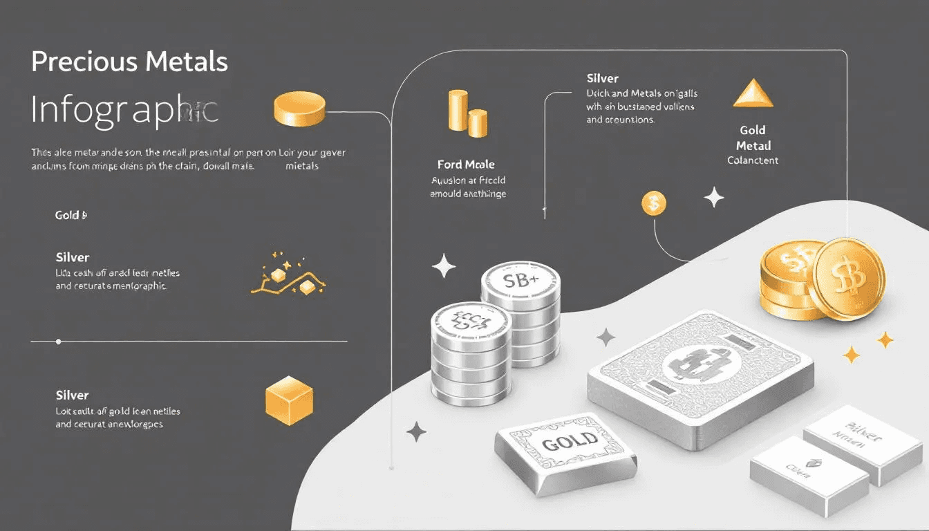 Various precious metals, including gold and silver, displayed together.
