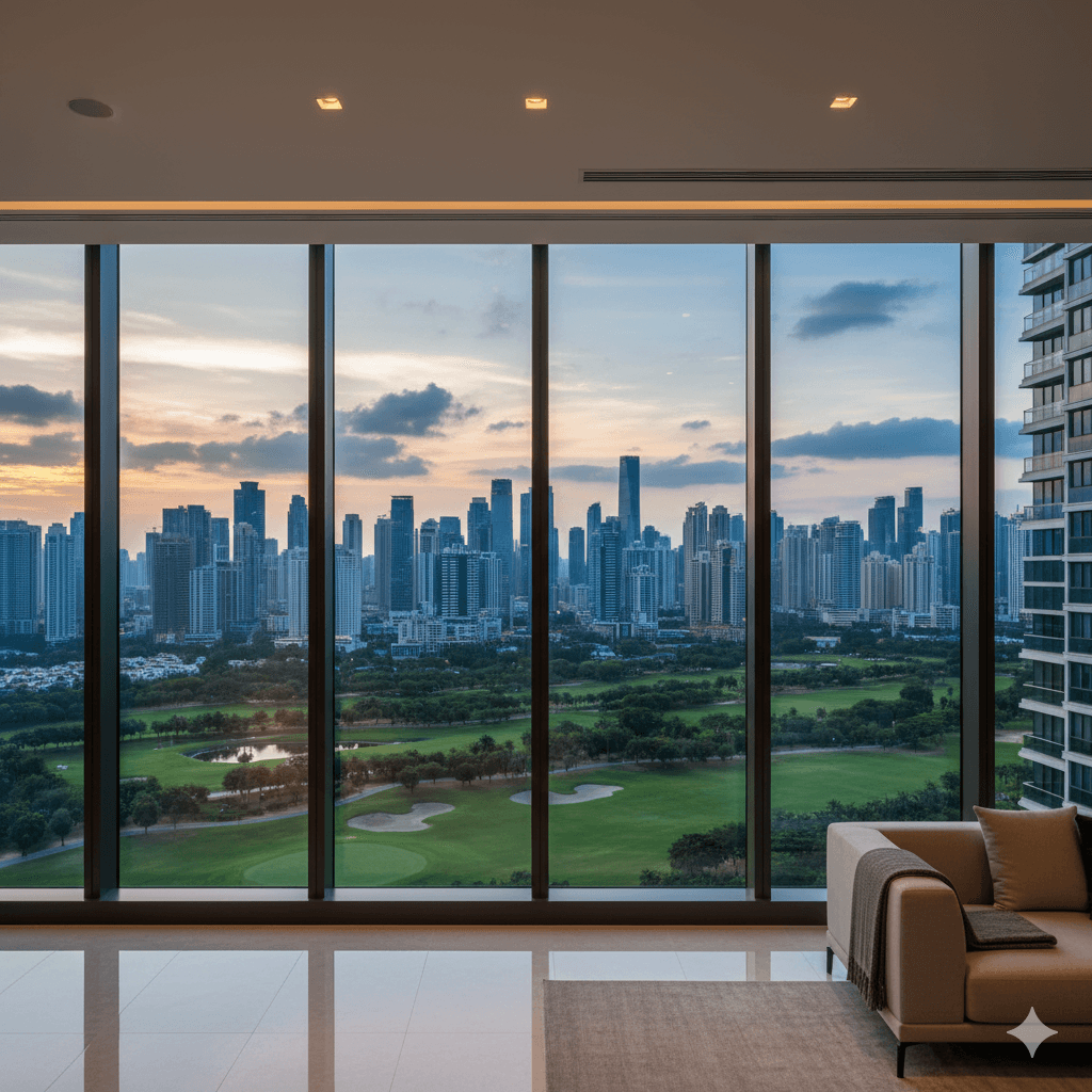 Breathtaking golf course and city skyline views luxury apartment