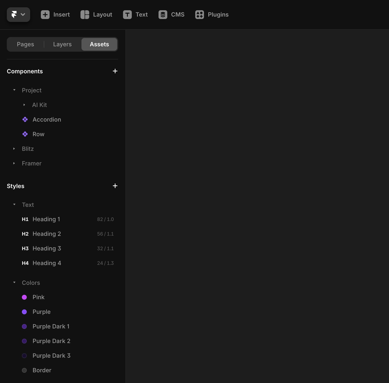 Assets panel showing components, text styles, color styles