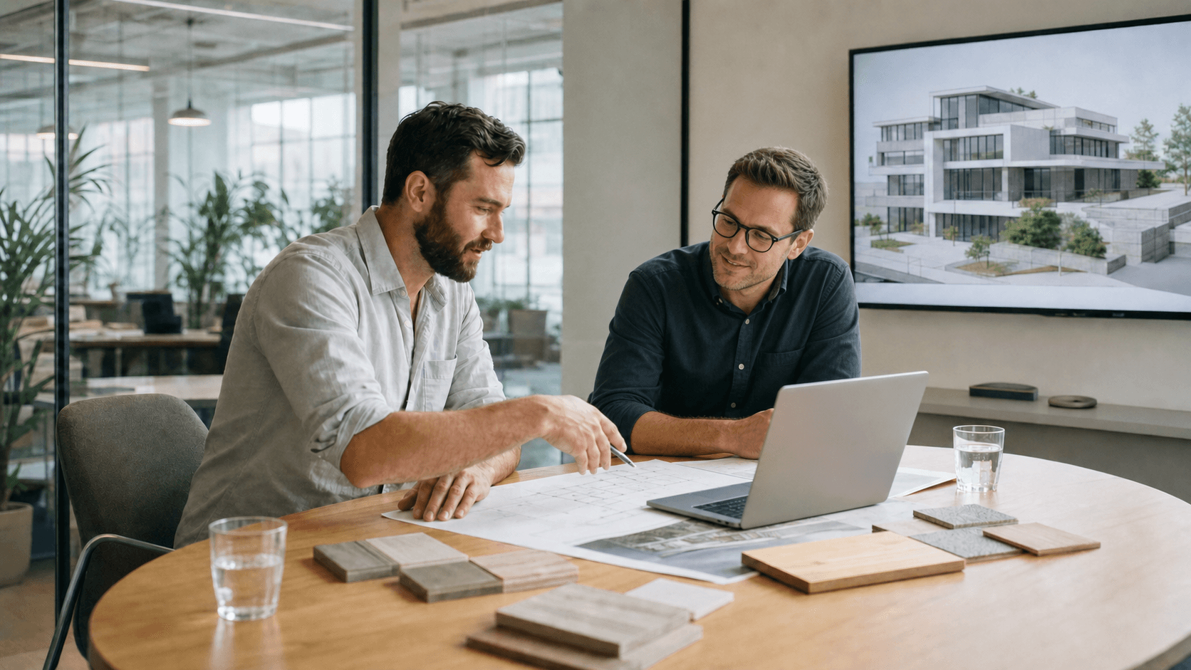 Architekten tauschen sich anhand von Plänen und einem Laptop aus