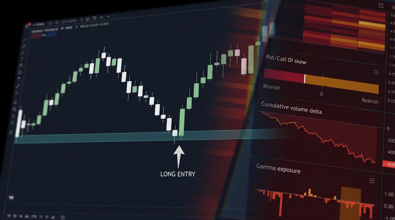 Trading chart showing a textbook pullback setup with hidden contradicting signals from options and order flow data overlaid
