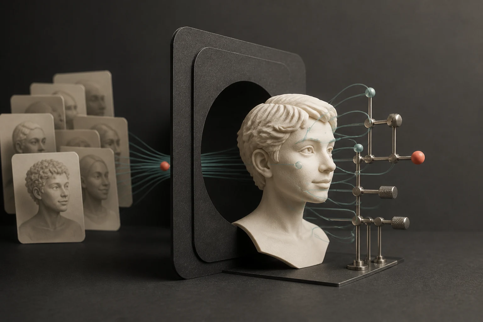 A blank clay character passes through a paper camera frame and emerges connected to a compact set of metal facial controls.