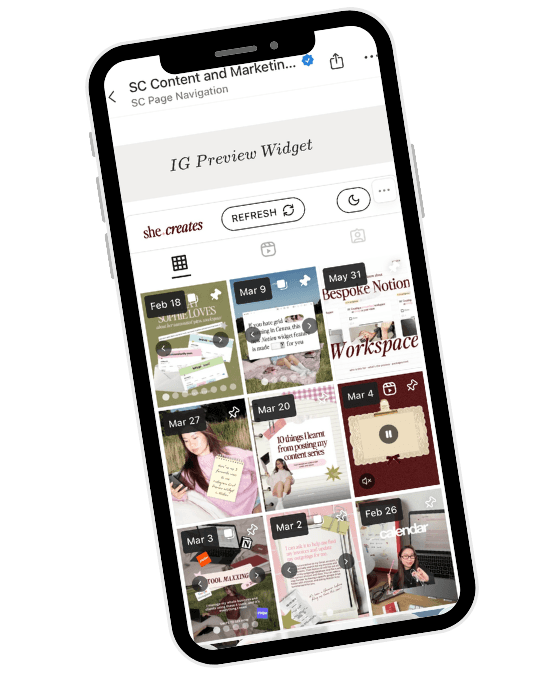 Phone mockup showing a Instagram grid planning widget in Notion