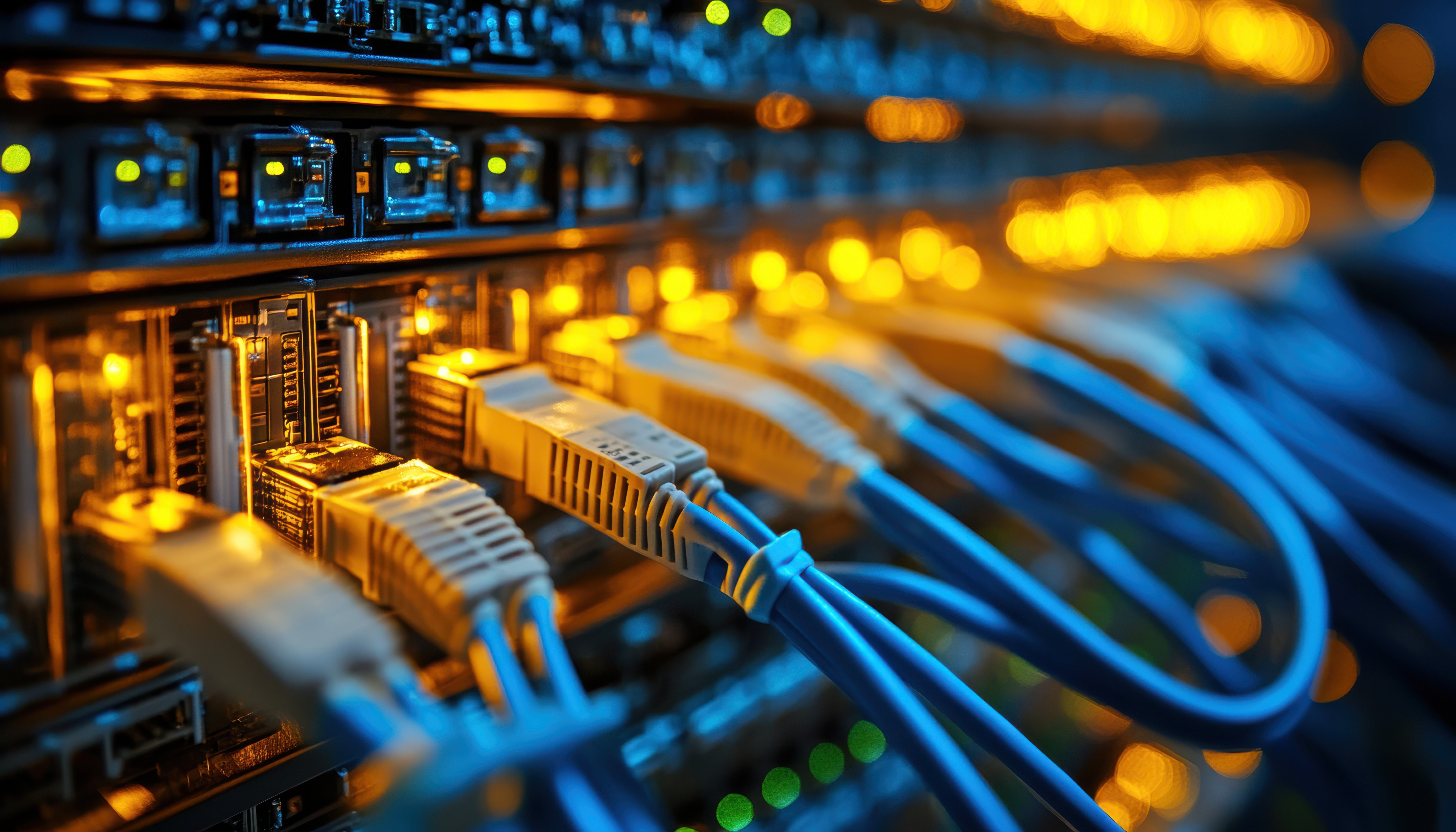 Close-up of network cables connected to a server at a data center with lights glowing