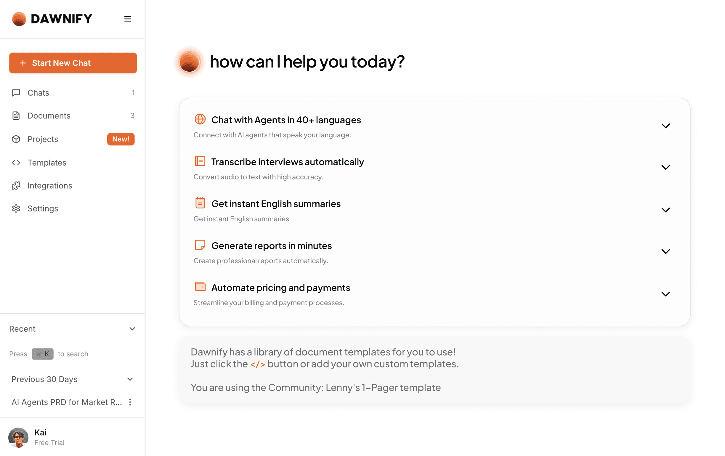 Dawnify dashboard with AI task options and sidebar navigation.