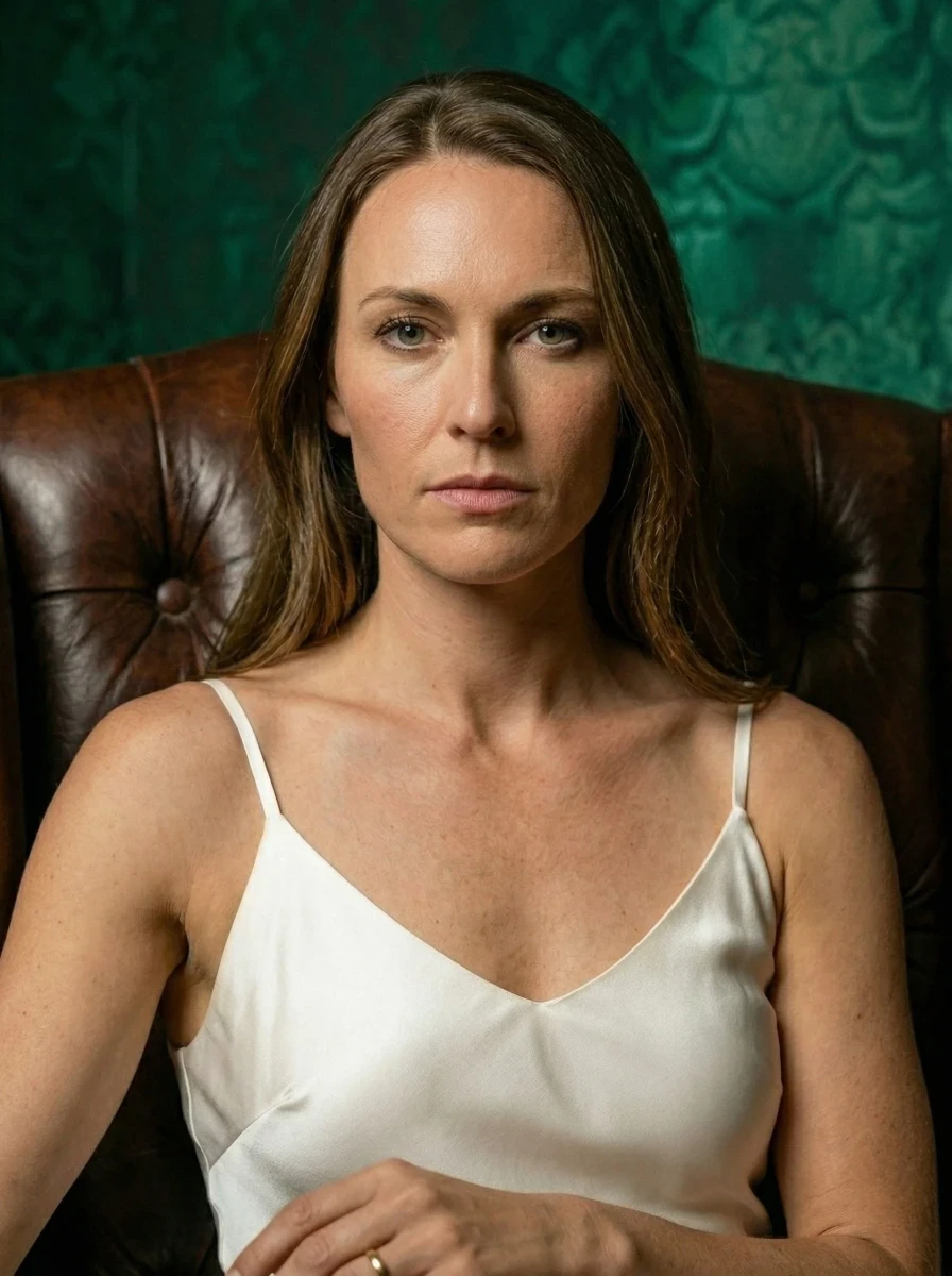 Portrait of the bride sitting in a leather chair against a green textured background.