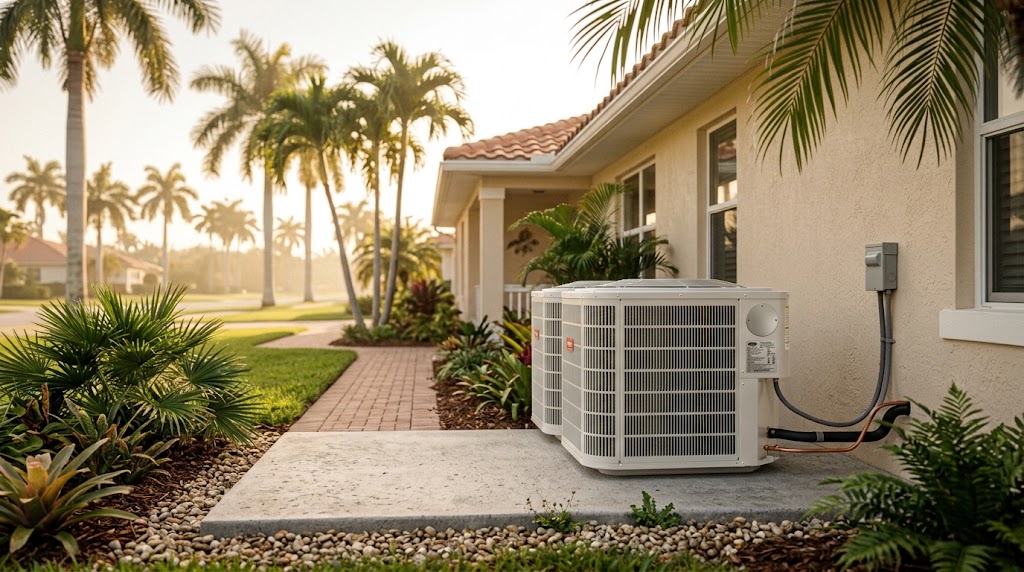 Two identical residential outdoor AC condensing units side by side outside a Palm Beach County home