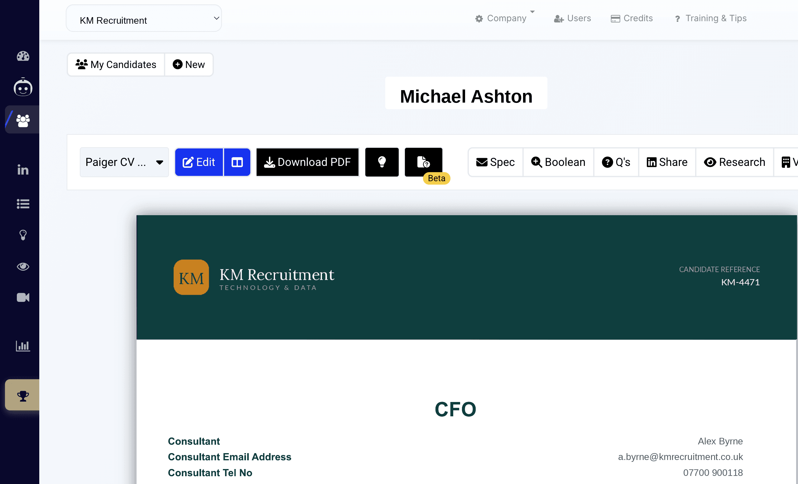 A branded CV in the agency's template, inside Paiger