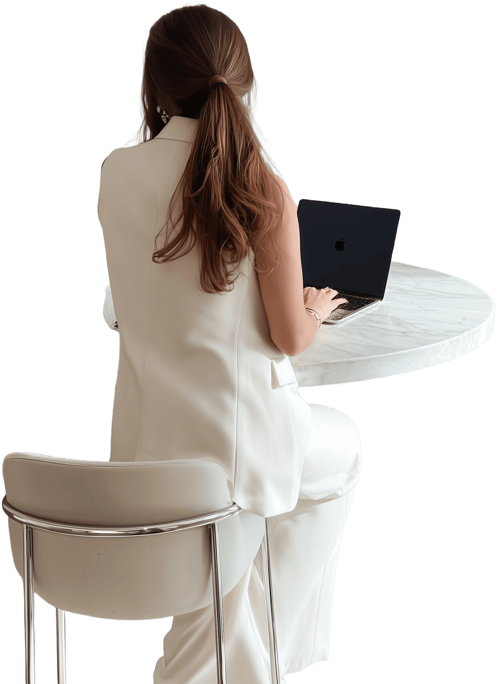 A person seated at a desk, looking at a laptop, dressed in a white outfit. The focus is on their back and the workspace.
