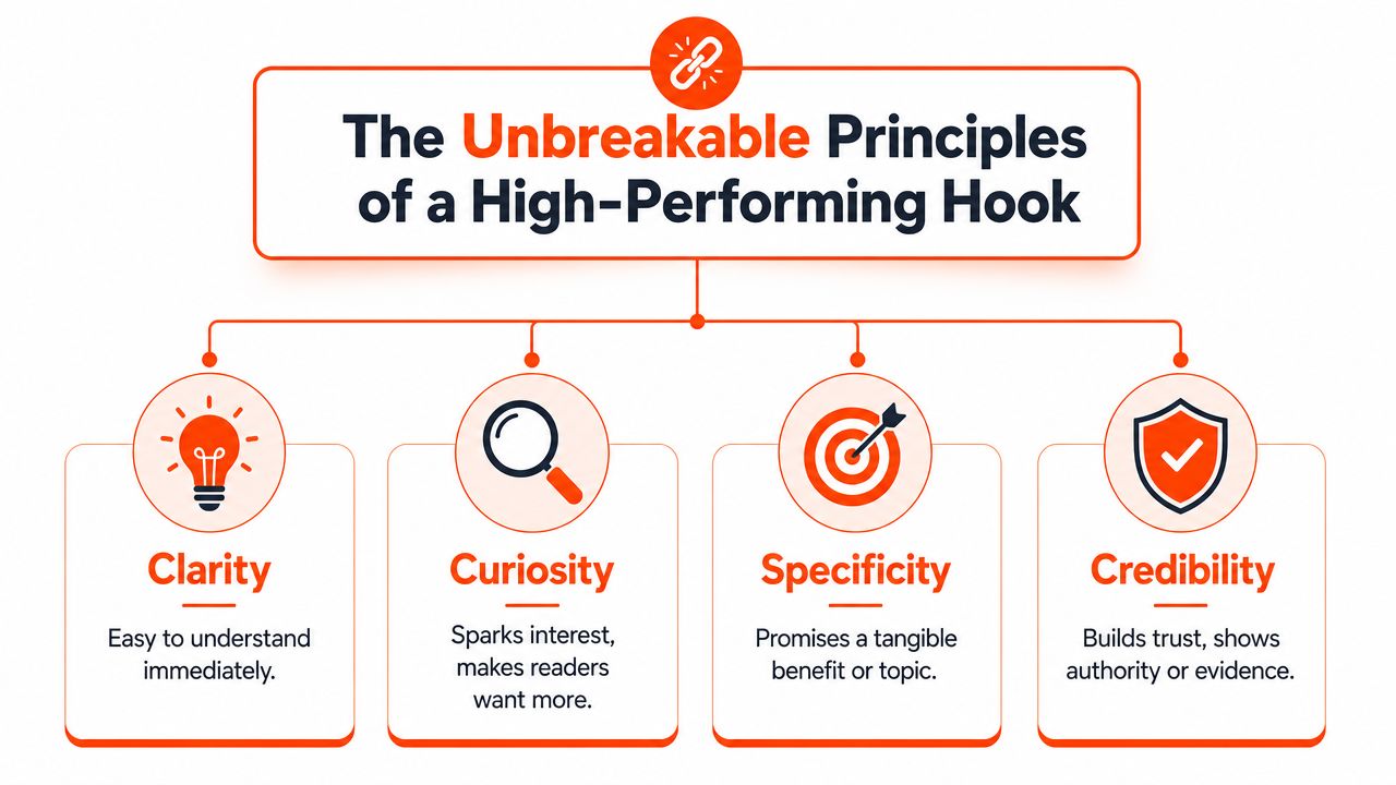 A diagram illustrating the four unbreakable principles of a high-performing hook: clarity, curiosity, specificity, and credibility.