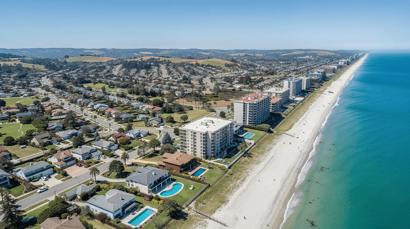 An aerial view showcases a variety of American residential properties, including beachfront condos and suburban homes, spread across diverse landscapes. This image highlights the complexities of owning multiple properties and the importance of strategic planning in property management, especially when considering estate taxes and asset distribution across different states.
