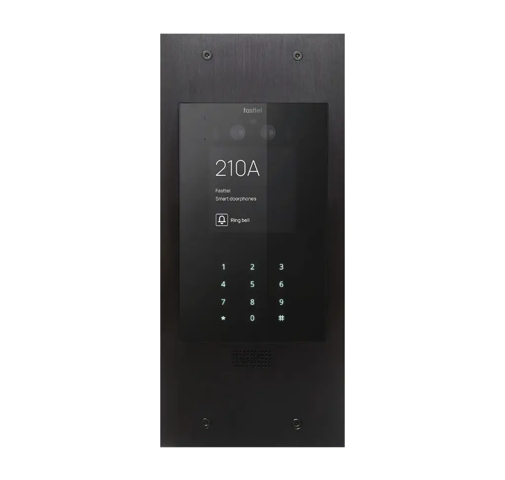 Black smart home device with screen showing time and temp