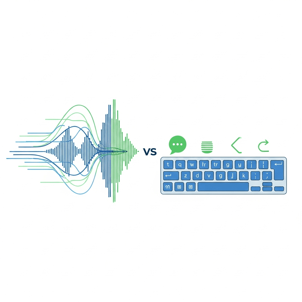 A clean, modern illustration comparing speed of communication methods. Show a visual metaphor for speaking versus typing speed difference, with flowing sound waves or voice patterns on one side moving quickly, and slower keyboard or typing symbols on the other side. Use a professional color palette with blues and greens. Minimalist style, abstract representation of speed and efficiency in workplace communication. No text, words, or letters.