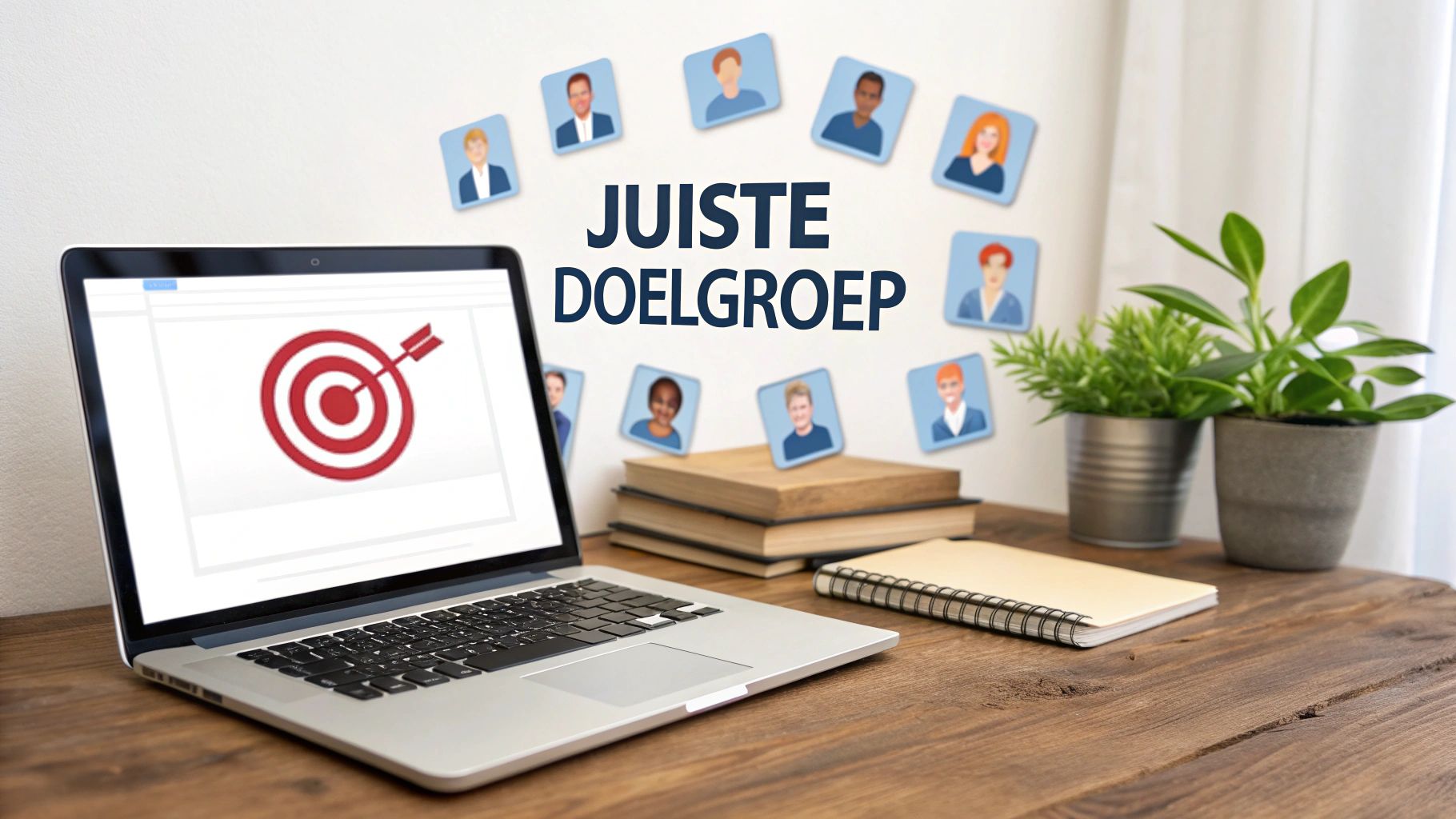 Laptop met een doelwit op het scherm, omringd door iconen van diverse mensen en de tekst 'JUISTE DOELGROEP'.