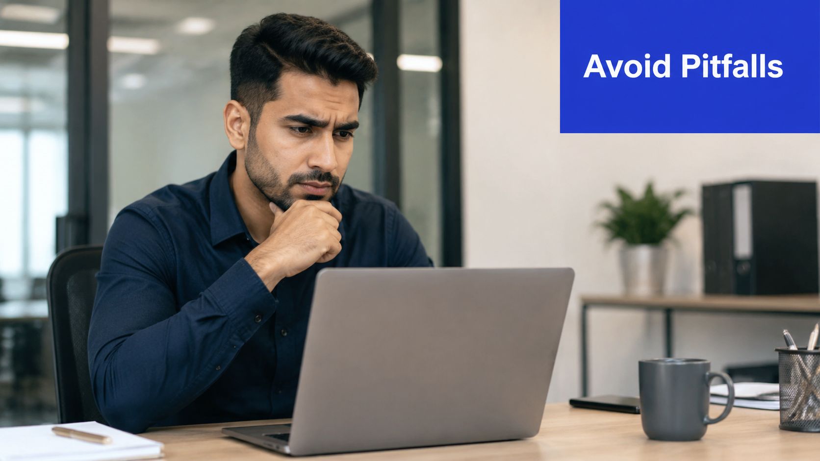 A focused man sitting at a desk and thoughtfully looking at his laptop screen in an office.