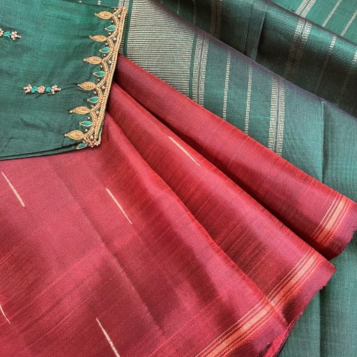 Brick Red and Green Kanchivaram Silk Saree