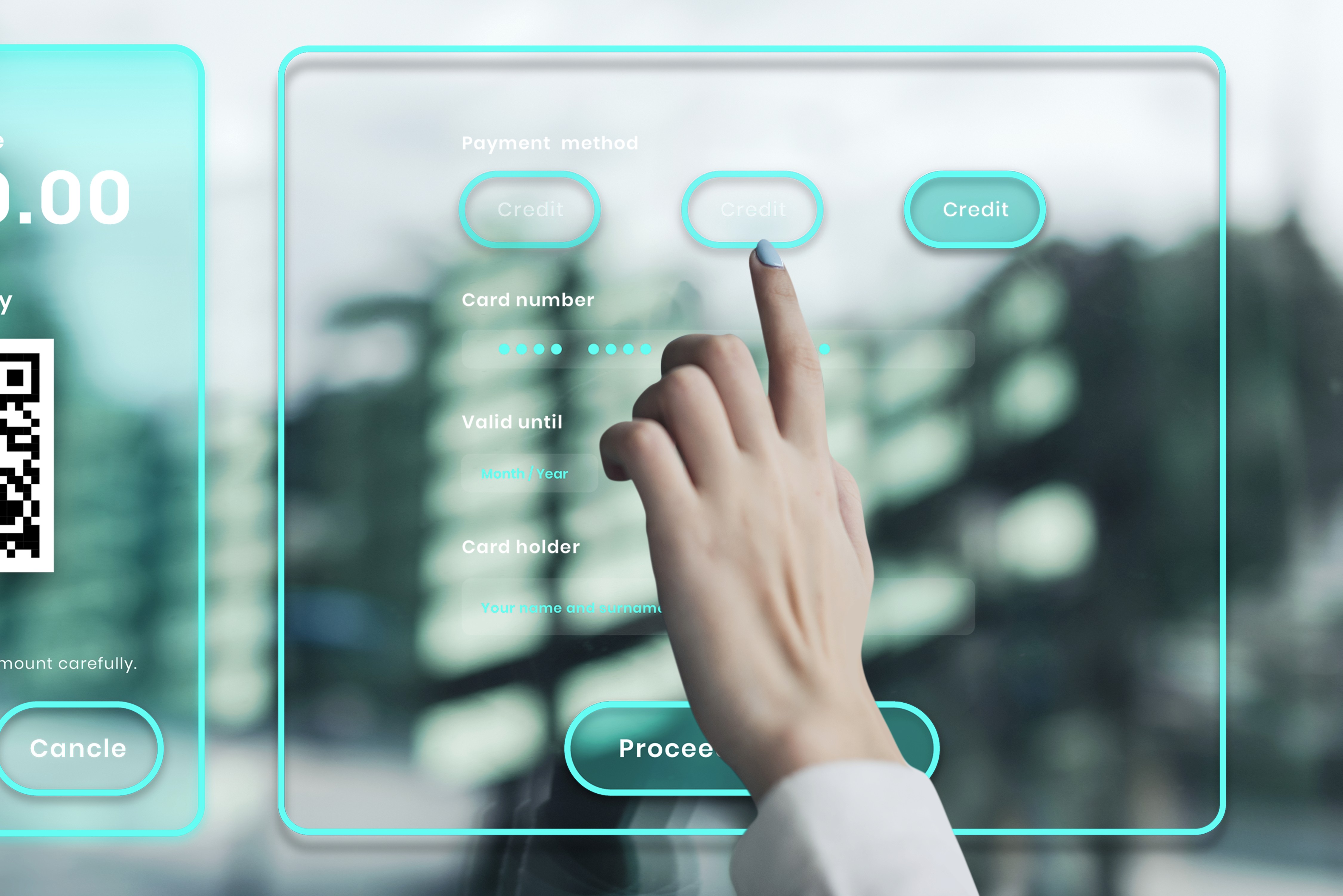 Hand selecting a credit card on an AI-powered digital payment interface, highlighting secure, user-friendly UX and trust in AI systems.