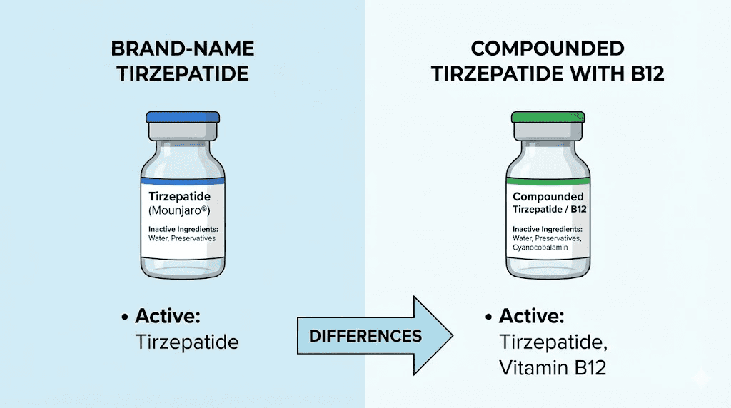 Compounded tirzepatide with B12 versus brand-name tirzepatide ingredient comparison
