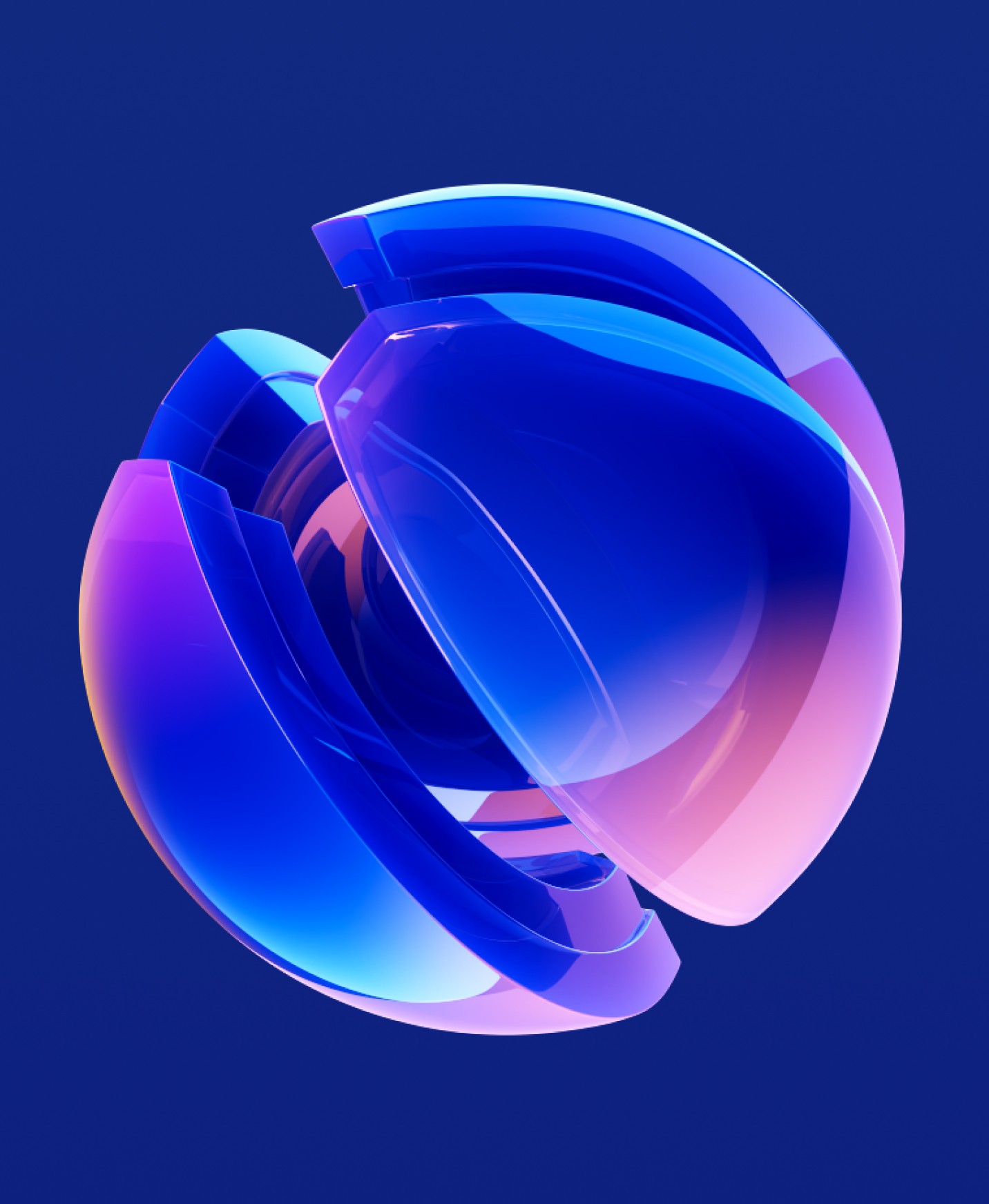 A spherical abstract object composed of curved, petal-like shapes with a glossy, translucent finish in shades of blue and pink against a dark blue background.