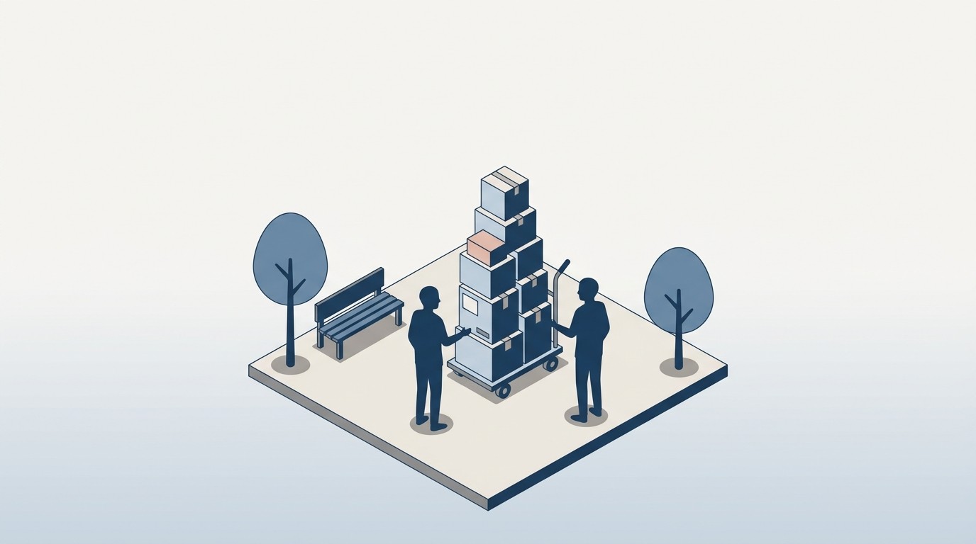 Isometrische Illustration einer Fußgängerzone, ein turmhoch beladener Handwagen trennt zwei Gesprächspartner: Verwaltung frisst die Zeit für Nähe.