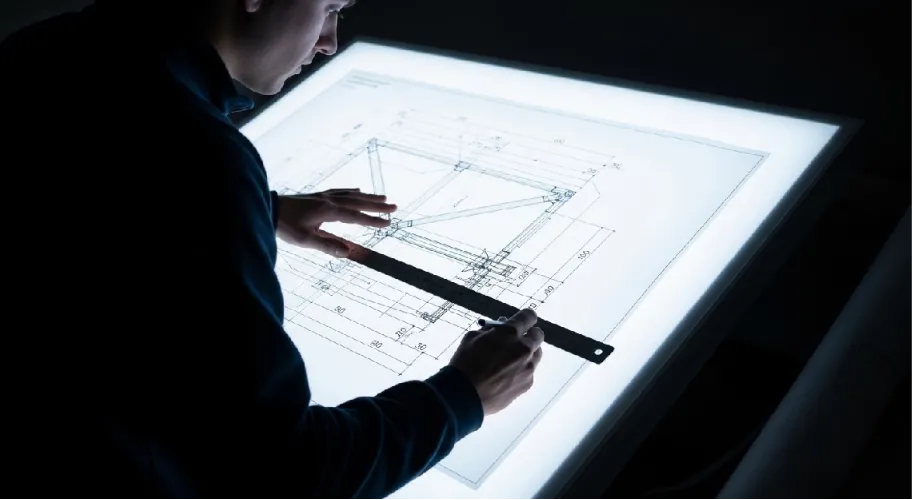 Engineer measuring structural steel drawing on light table for precise fabrication and dimensional control