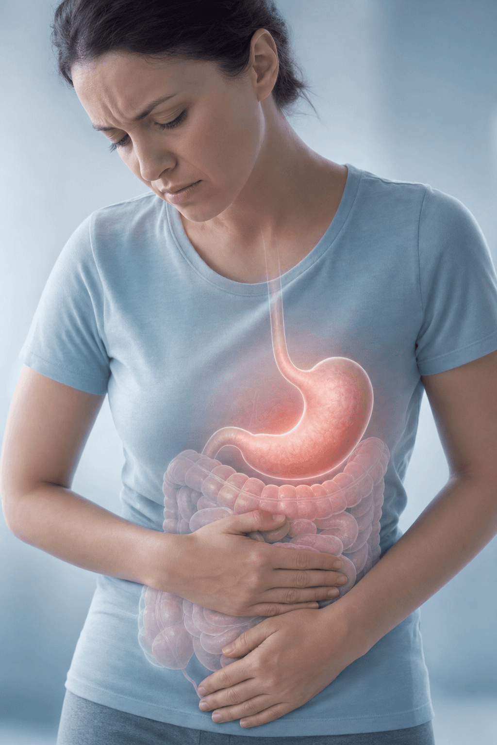 A soft, clinical illustration showing the digestive system with gentle lighting, depicting the stomach and intestines in muted anatomical tones. The image should convey a sense of discomfort or unease through subtle visual cues like gentle highlights or soft shadows, representing gastrointestinal distress. Photorealistic medical illustration style, calming color palette with blues and soft grays, no drama or exaggeration, clinical but compassionate tone.