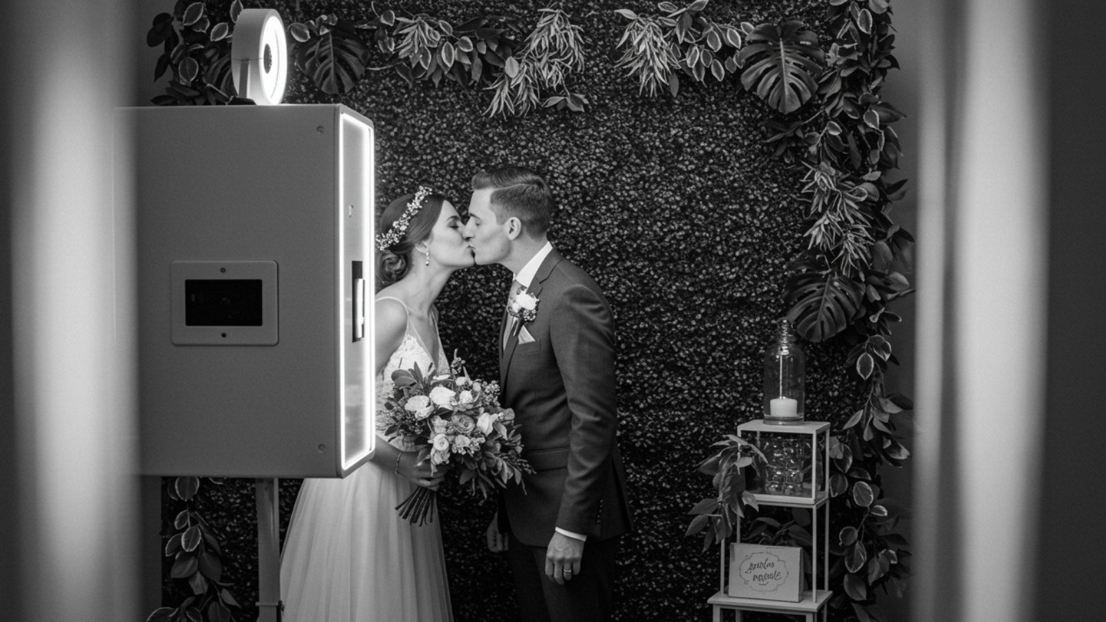 Bride and groom kissing a photo booth.