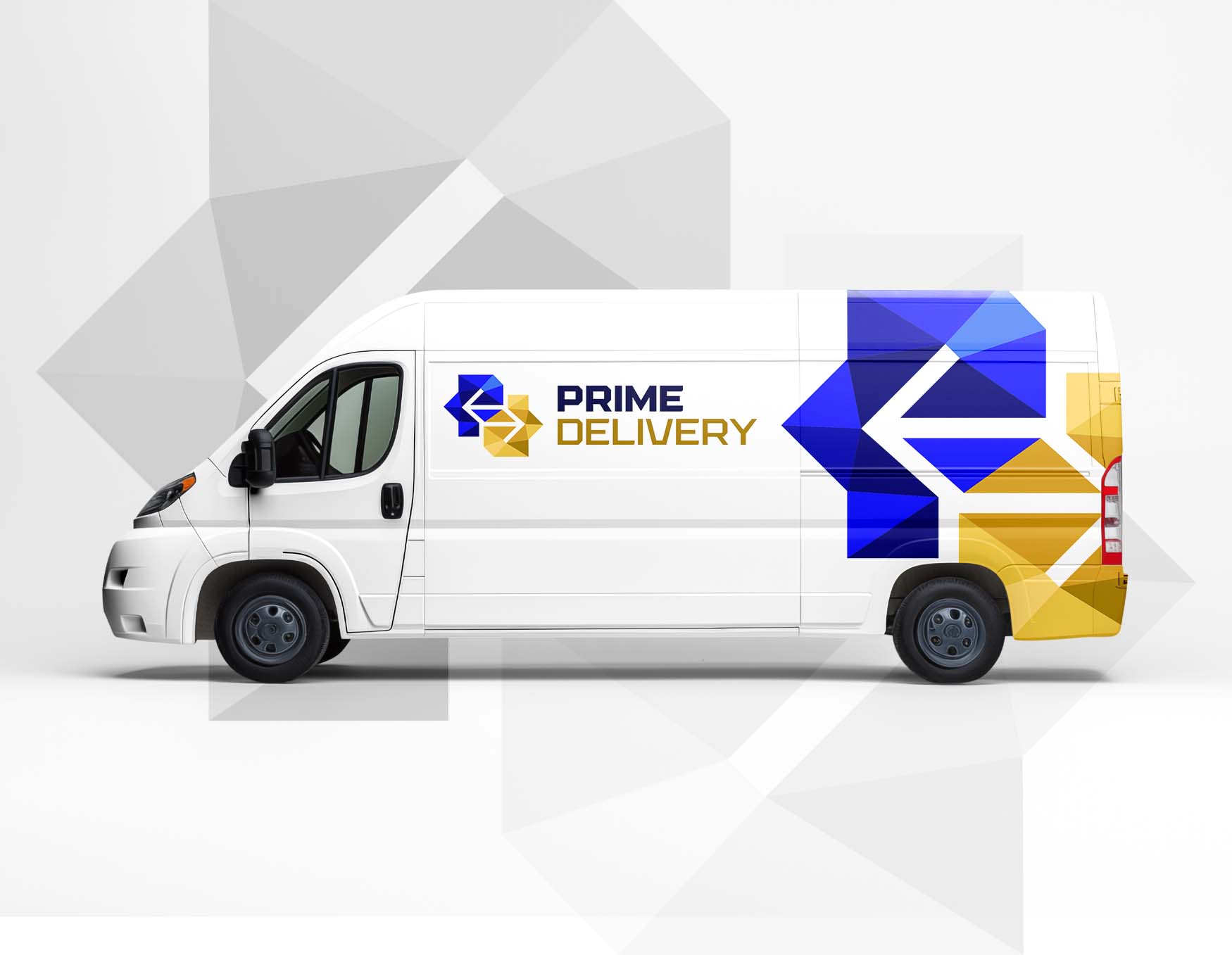 Vehicle branding mockup showcasing the adaptability of the Prime Delivery identity across transportation and logistics touchpoints.