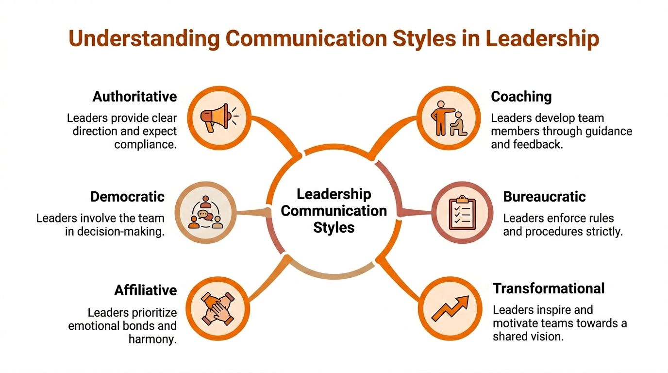 A diagram illustrating six different communication styles in leadership including authoritative, coaching, democratic, bureaucratic, affiliative, and transformational.