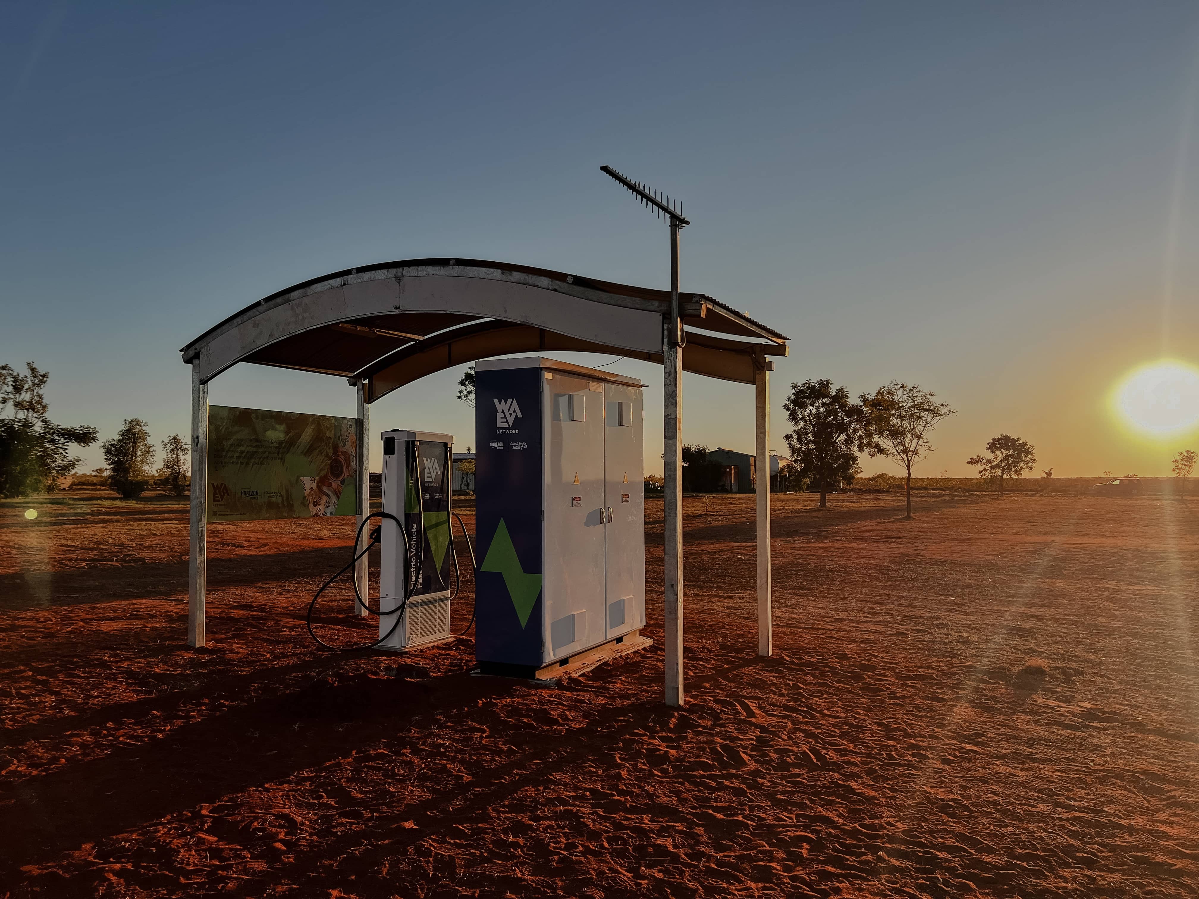 WA EV Network fast charger in remote Western Australia at sunset