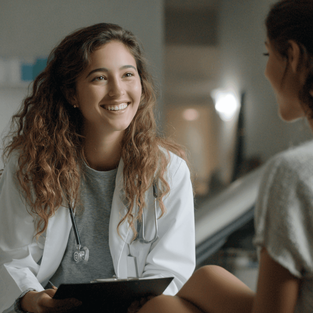 A smiling female doctor with wavy hair, wearing a white coat and stethoscope, holds a clipboard while talking to a patient in a softly lit room.