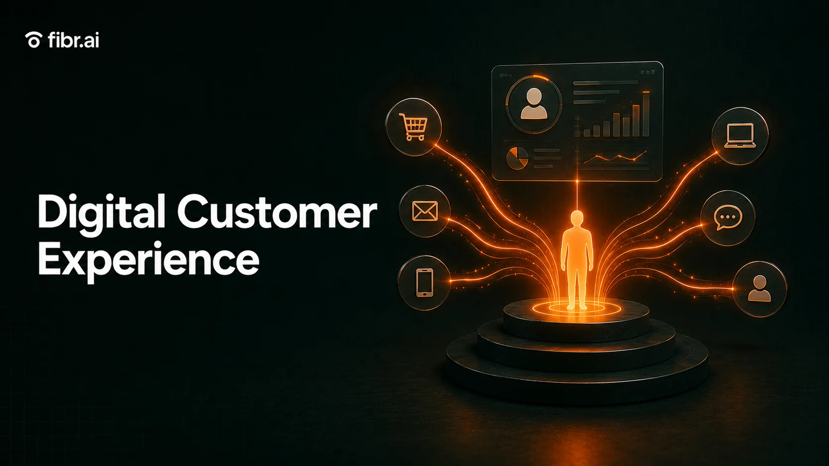 Digital customer experience concept with glowing customer data connections and multi-channel interaction icons on dark green futuristic background.