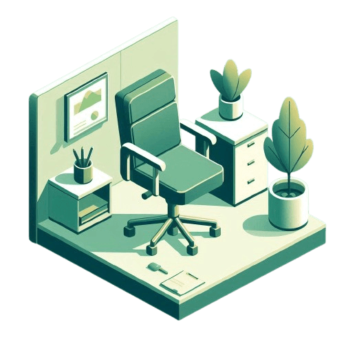 An isometric illustration of an office workspace featuring a desk, office chair, plants, and wall art in shades of green and white