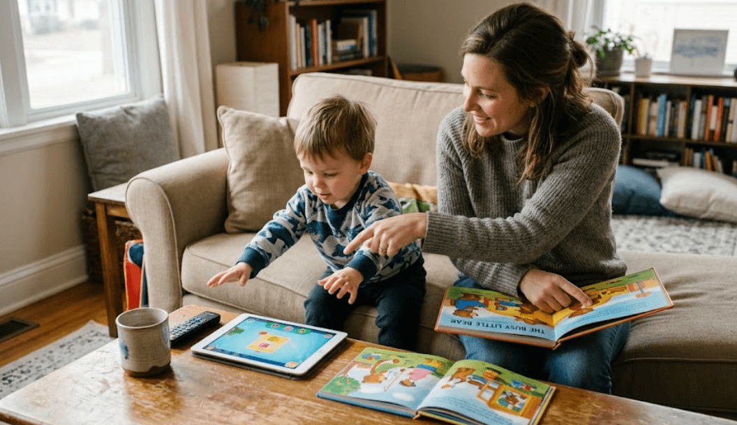 Parent redirecting toddler from screen to book at home