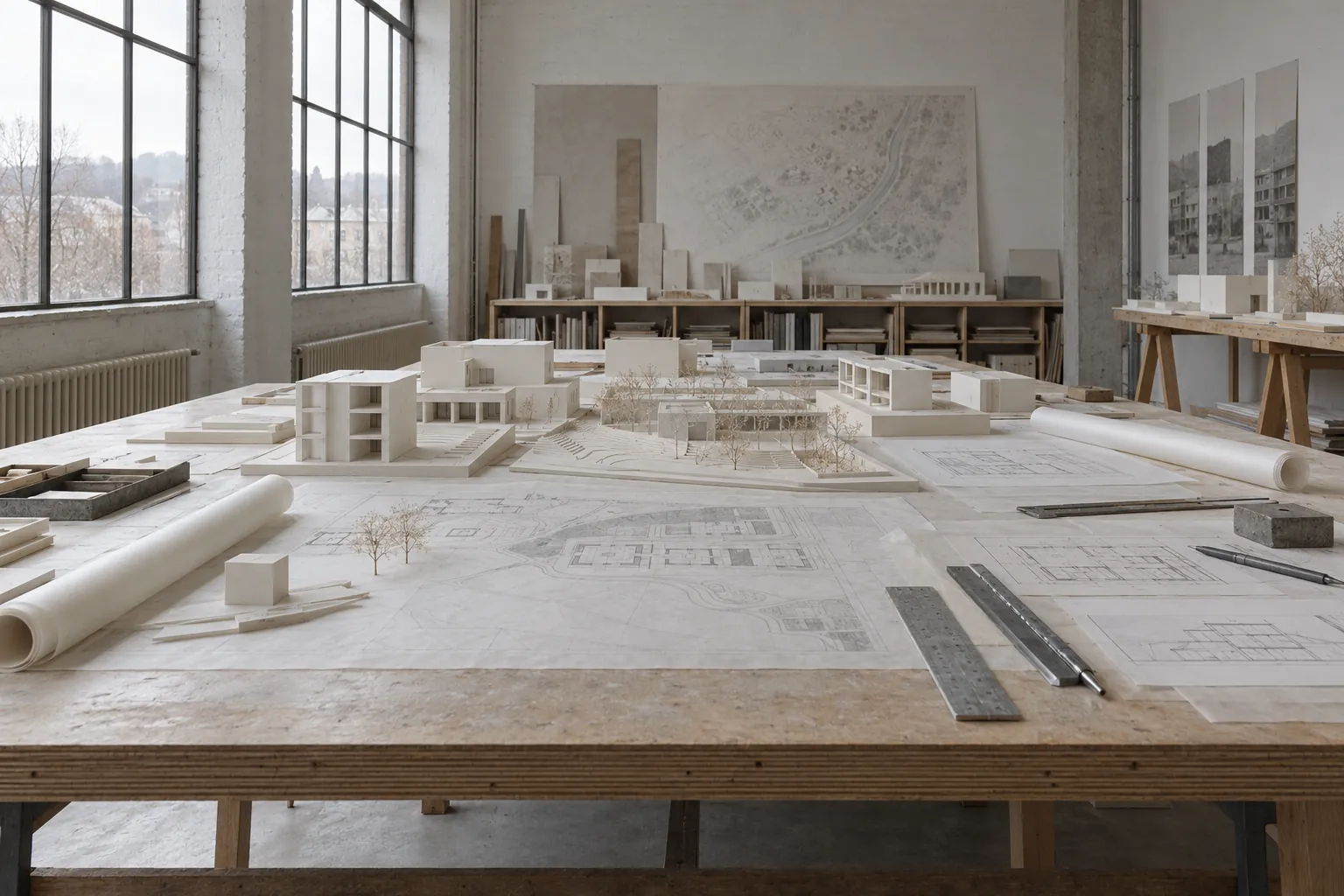 White card models on long oak tables under a sawtooth roof