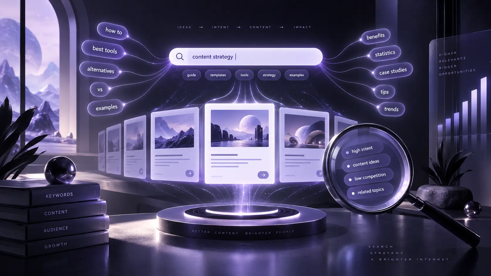 Visual representation of SEO content strategy, keyword research, search intent, and content planning for higher Google rankings