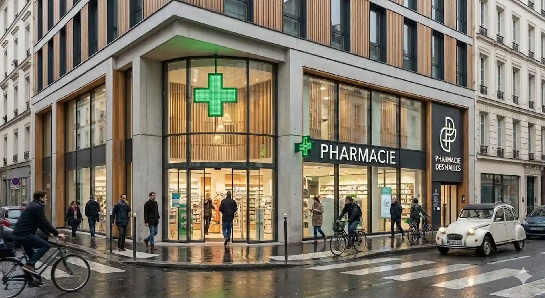 Façade moderne d'une pharmacie aux grandes vitrines, avec des passants et un cycliste dans la rue mouillée.