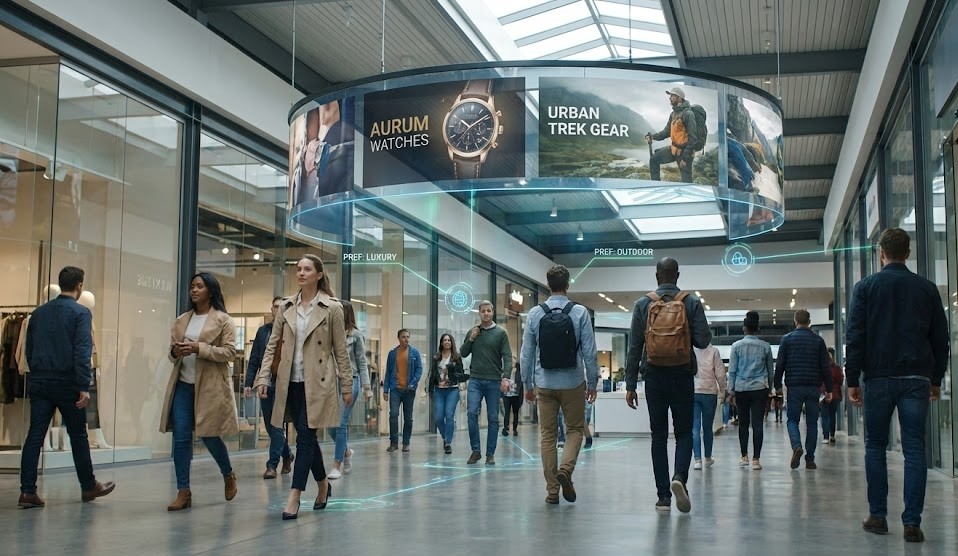 A busy modern shopping mall with a large circular digital screen hanging from the ceiling. Augmented reality lines connect walking shoppers to the screen, displaying personalized advertisements for watches and outdoor gear based on their identified preferences.