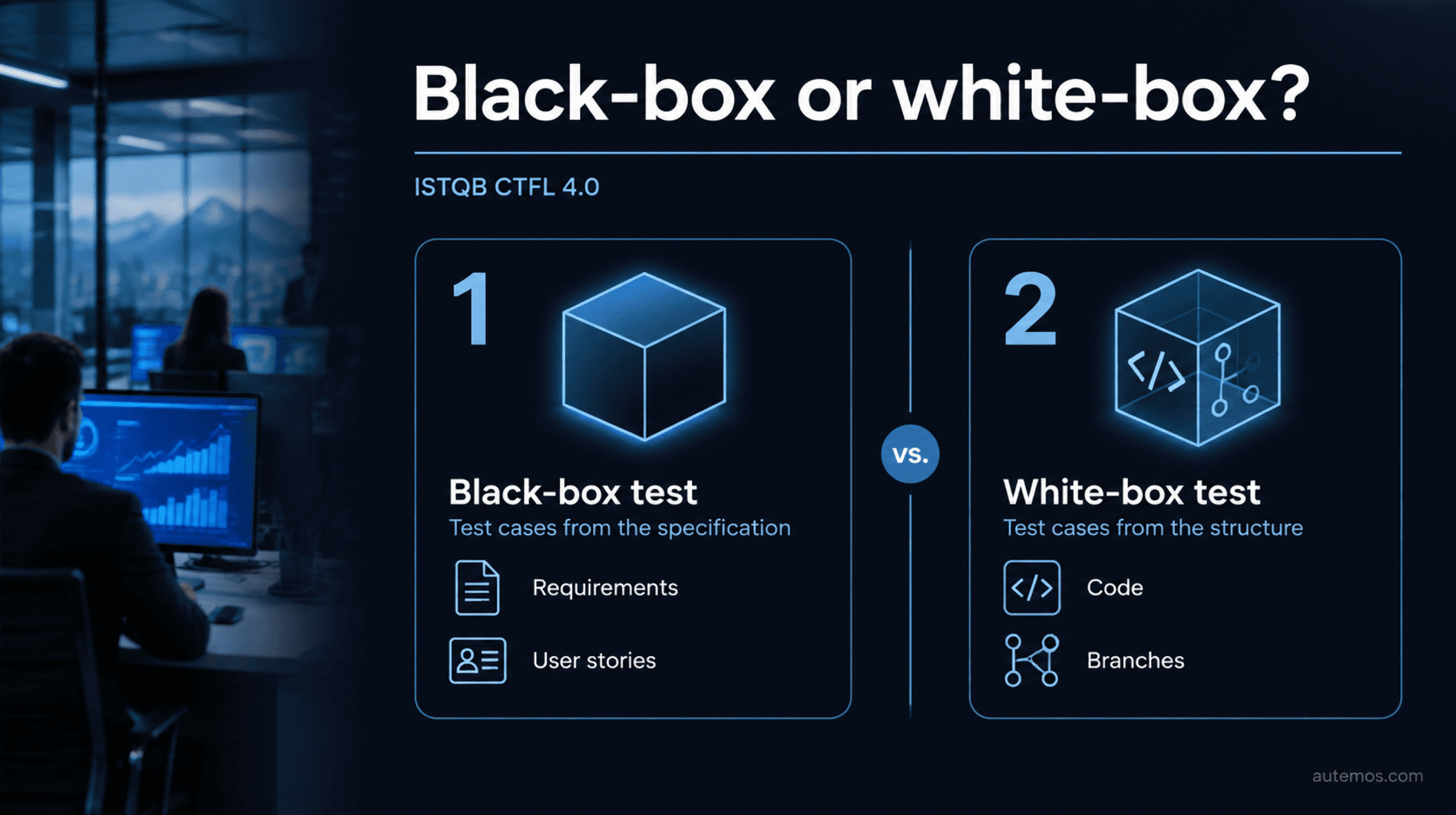 Comparison of black-box and white-box tests: black-box test cases come from the specification (requirements, user stories), white-box test cases from the structure (code, branches)