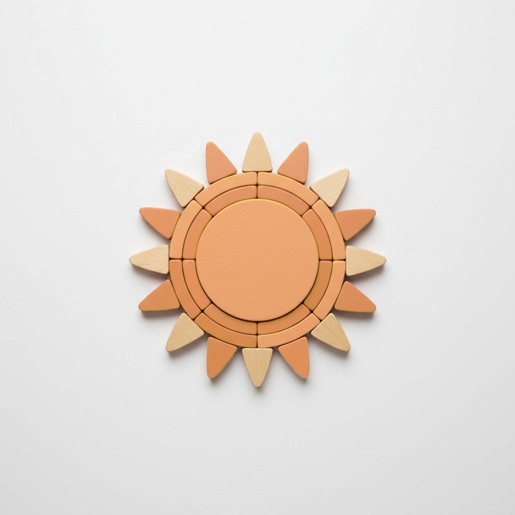 Minimalist wooden sun puzzle in soft terracotta and natural wood tones.